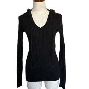 Vintage Bloom No 717 Hooded Sweater Small Black Cable Knit V-Neck Y2K Tunic